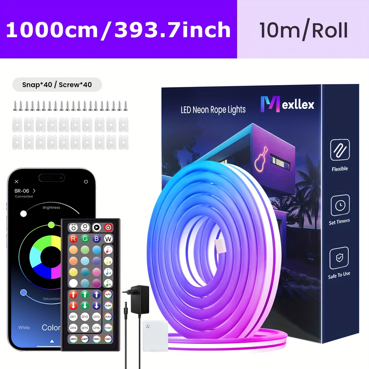 Image of Mexllex Rgb Neon Light Strip With 44-key Remote Control, Connect With App, Ip"67" , Color And Brightness Adjustable, , Diy Function, Used For Bedroom, Living Room, Study, Gift, Etc