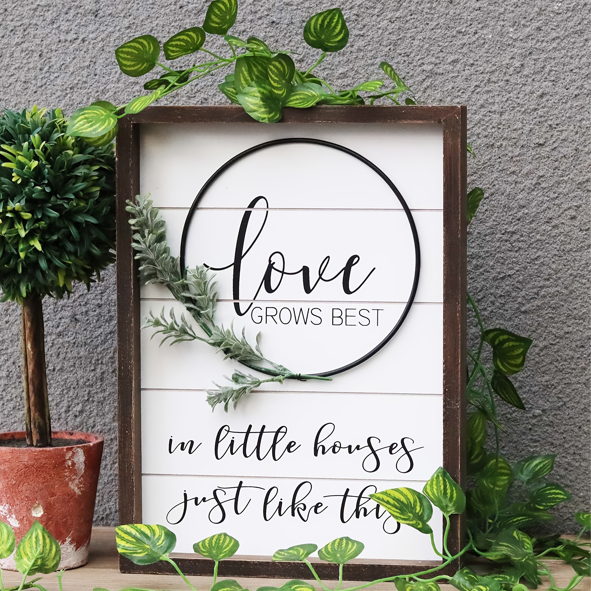 

Wood Wall Sign With Inspirational Love Quote - Love Grows Best In Little House | Rustic Farmhouse Accent Love Sign Plaque With Pvc Green Leaf