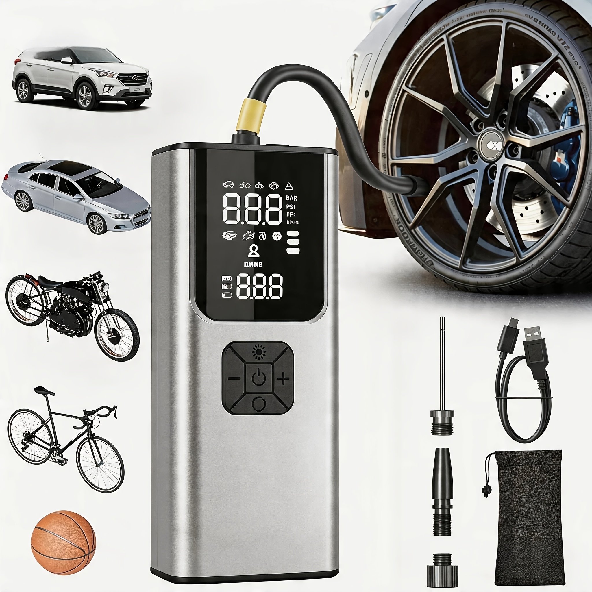 TEMU Wireless Rechargeable Tire Inflator, 150psi Fast Inflation Air Pump With Digital Display Pressure Gauge, Auto Shut Off & Led Emergency Light,