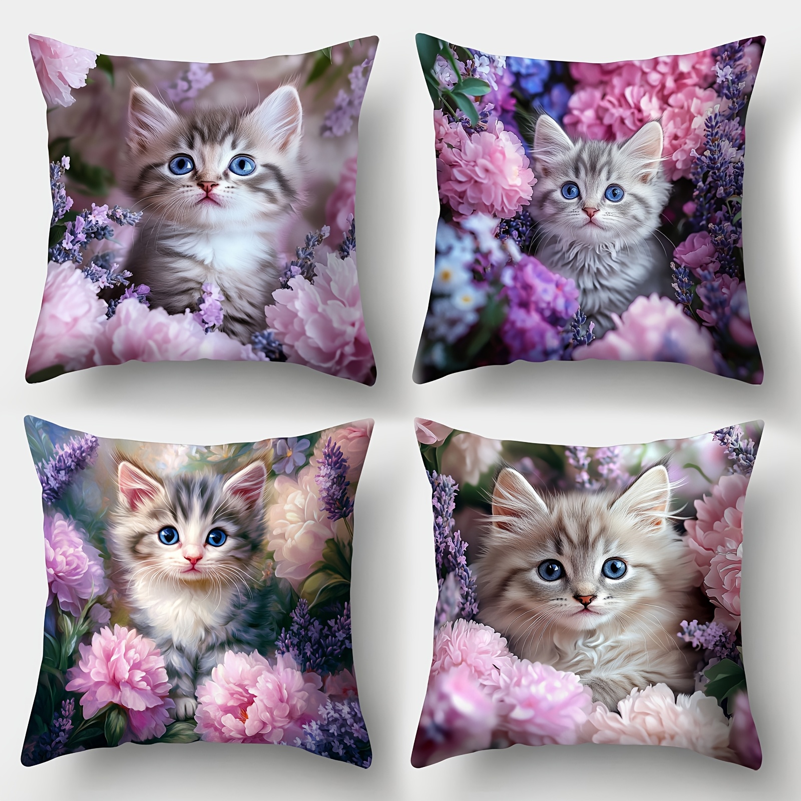 TEMU Set Of 4 Kitten Floral Pattern Decorative Cushion Covers, Holiday Decoration Sofa Cushion Covers For Home Decor, Short Plush Room Decor, Office
