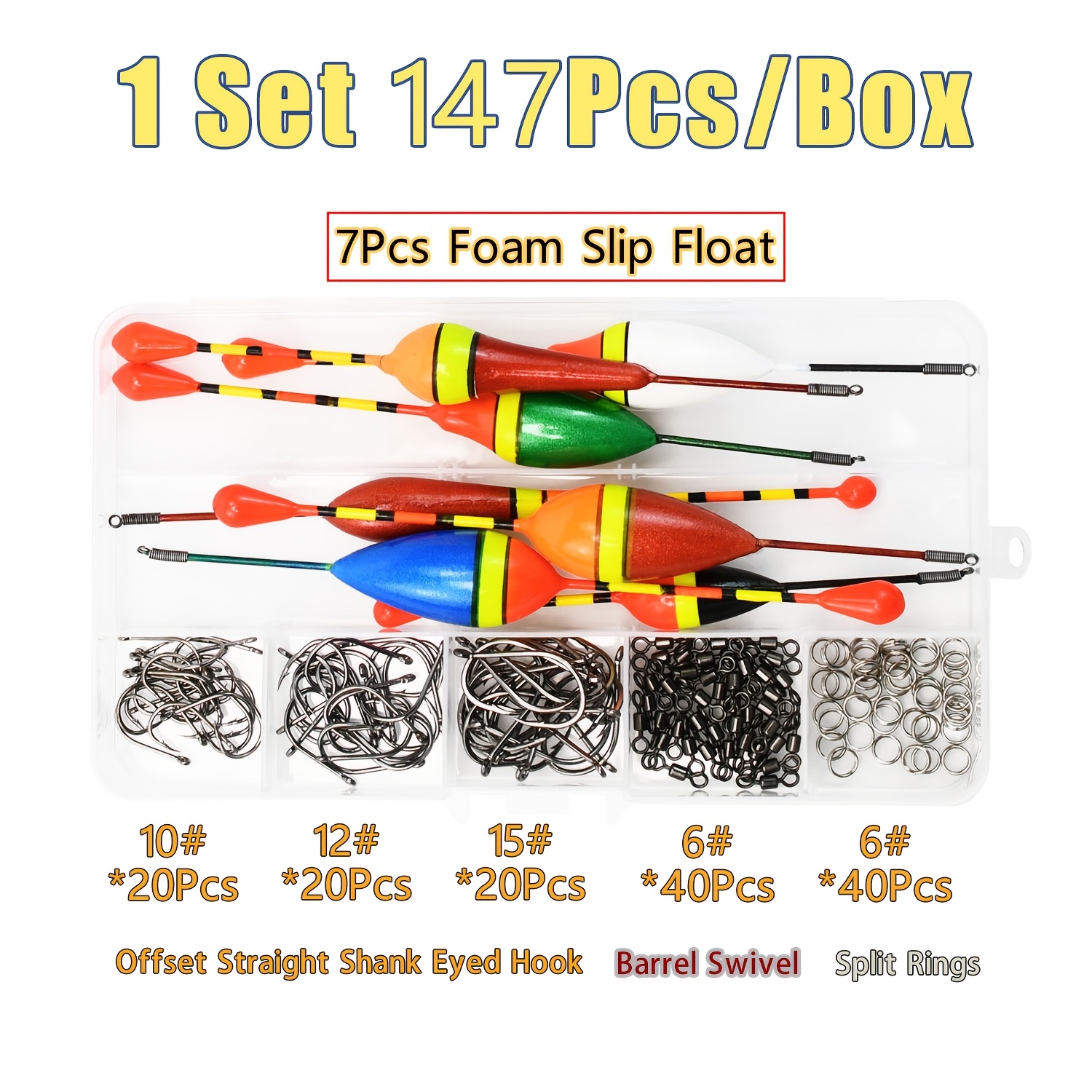 TEMU 147pcs Rock Fishing Float Tackle Combo Kit, Portable Storage Box Contains Offset Straight Shank Hooks, Swivels & Split Rings, Saltwater Fishing