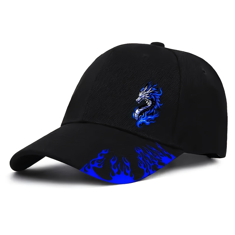 TEMU Woven Fabric.1pc Men&;s Blue Print Black Baseball - Adjustable Snapback, Curved Brim, & Black Streetwear Design, Breathable Six-panel Outdoor