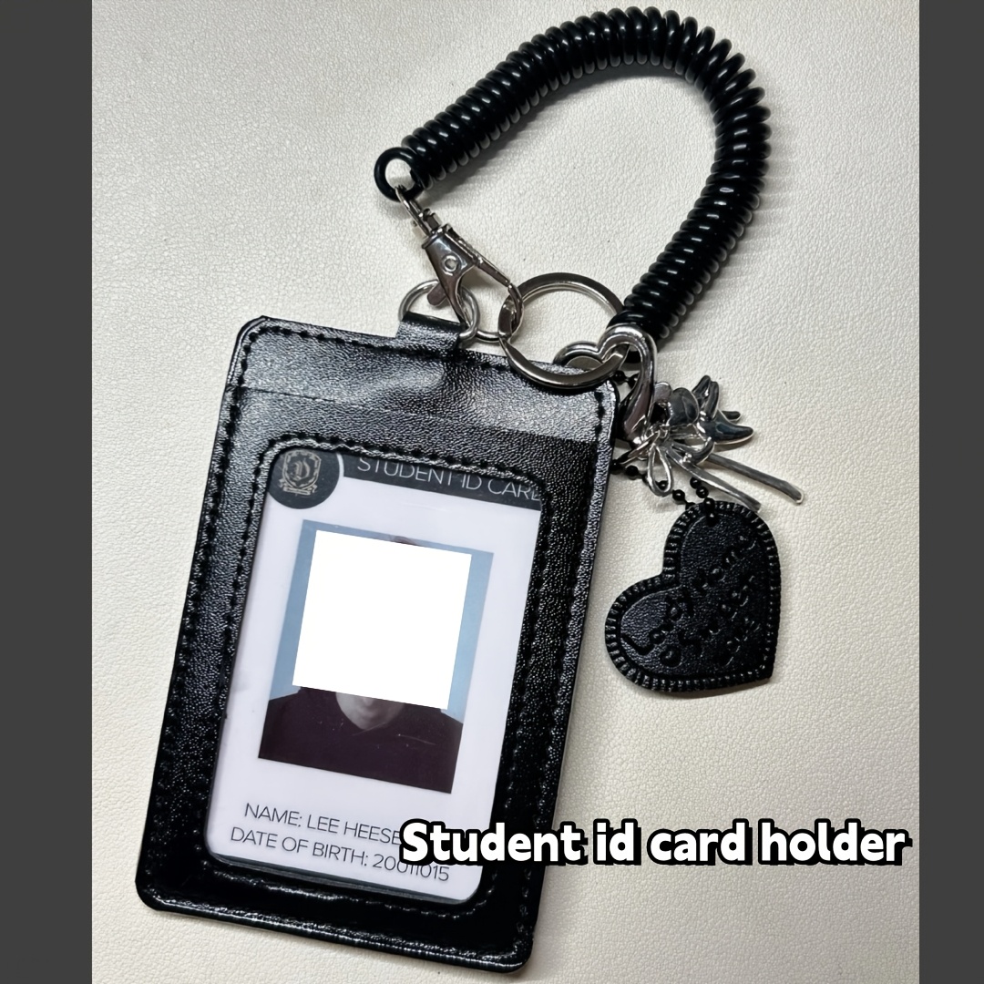 

Black Leather Student Id Card Holder With Bow Pendant, Leather Case, Kpop Style Photo Card Organizer With Lanyard