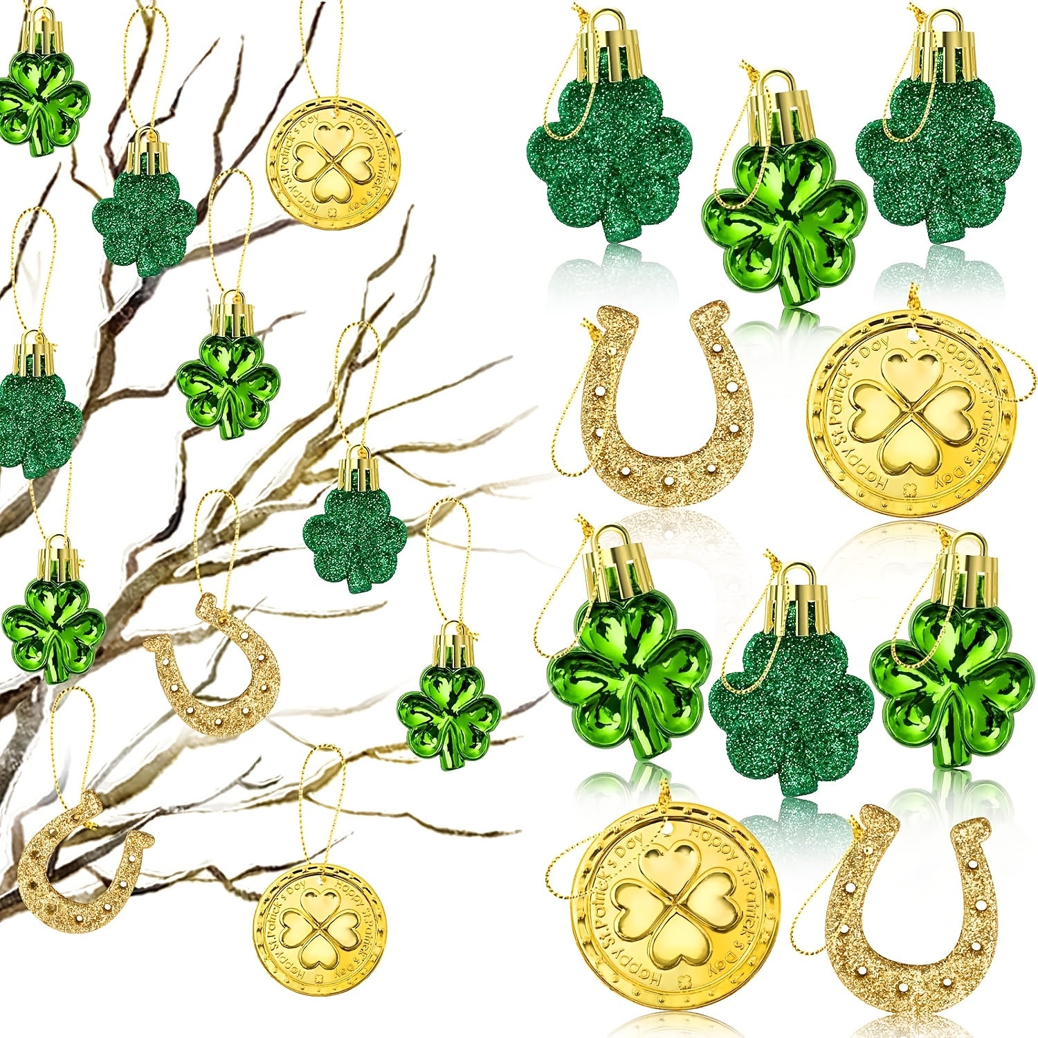 

Clover-themed Decorations For 's Day - 12 And A Horseshoe Tree Ornament, Celebrating The Irish Holiday And Table Displays.