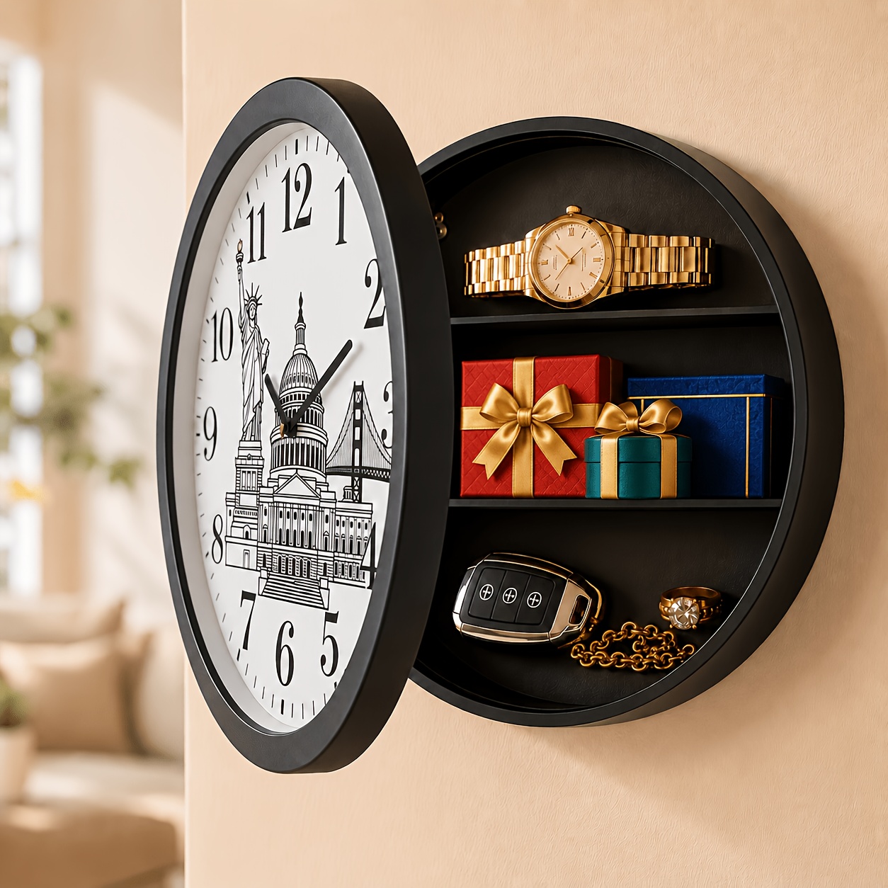 Round black wall clock swung open to reveal small storage shelves