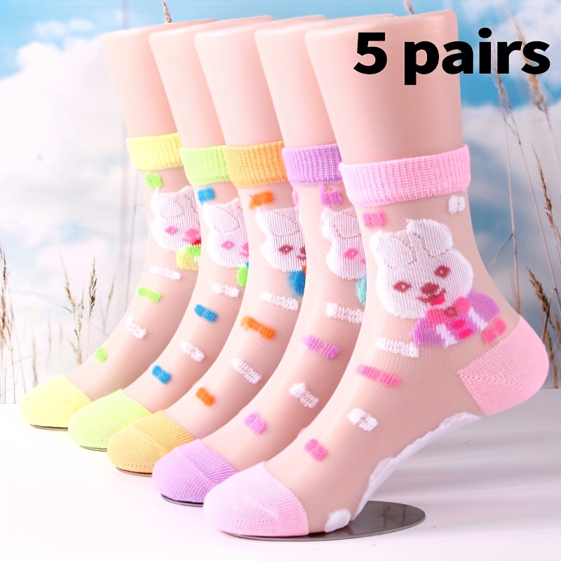 5-pairs Children' Fiber Socks - Girls Summer Mid-crew Socks With Bunny Patterns, & Lightweight Design