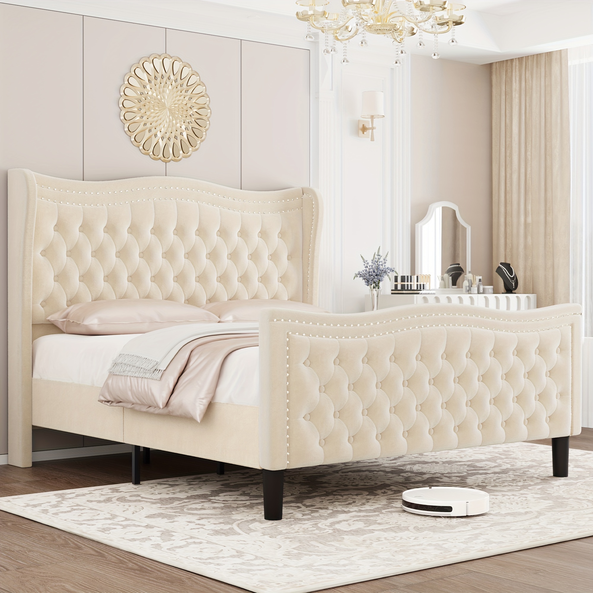 

Tall Bed Frame Queen Size, Velvet Upholstered Bed With Deep Button Tufted & Trim Wingback Headboard/ Spring Needed