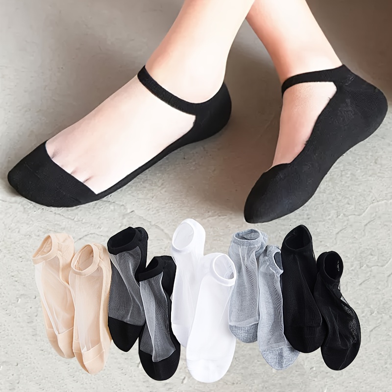 

5 Pairs Solid Silk No Show Socks, Simple & Breathable Glass Silk Ankle Socks, Women's Stockings & Hosiery