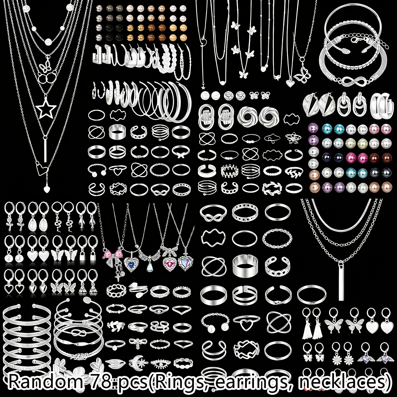 TEMU Ensemble de bijoux aléatoire de 78 pièces, tendance, luxueux, élégant, style Old Money Premium, perles artificielles, cœur, papillon, , style