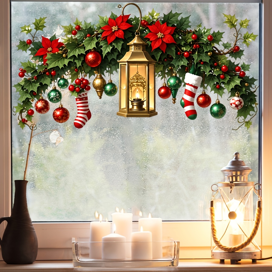 TEMU Autocollant pour vitre Guirlande de Noël avec lanterne, Décalcomanie avec chaussette de Noël, boule, poinsettia, colle, résidu, Décoration de