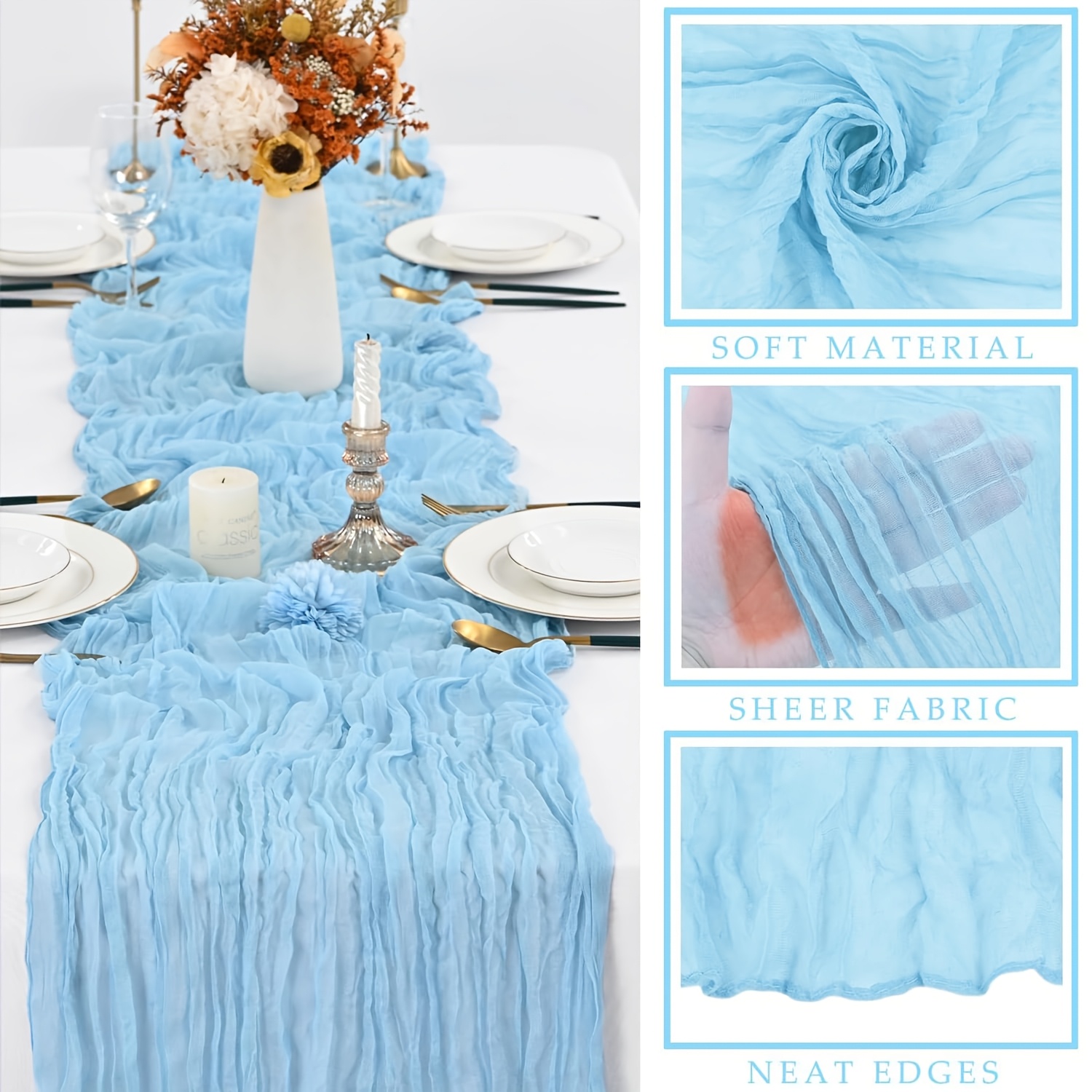 E-shop 6er-Set Käsetuch Tischläufer, 35 x 120 Zoll (ca. 88,9 x 30,0 cm) Hellblaue Tischdecke, Tischläufer im Landhausstil, Geeignet für Hochzeit