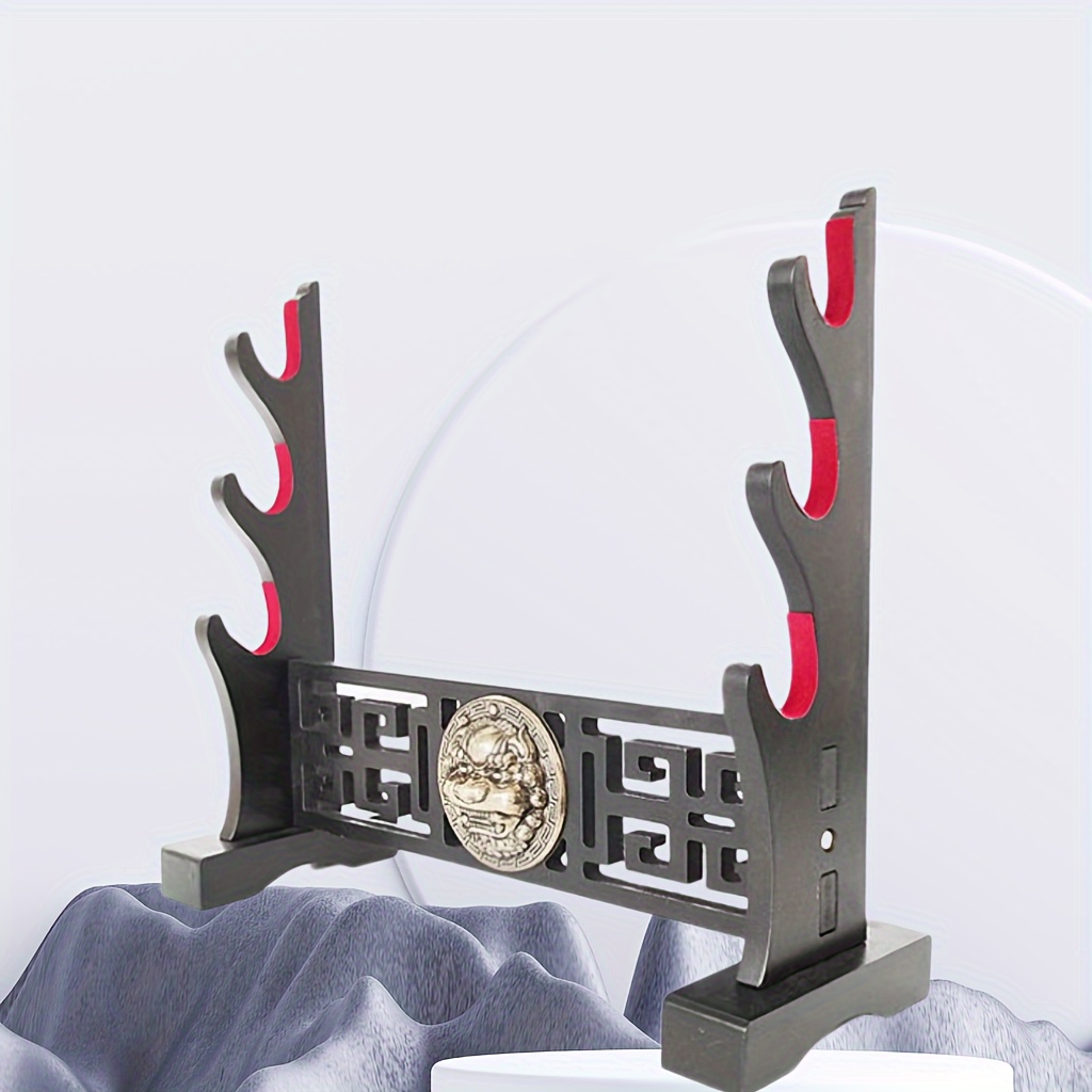 

[ Build] Black Wood And Velvet Head Three-layer Display Stand - Intricate Carved Design With Red Accents, Swords, Flutes, And Toy , Weapon Display Stand | Sporty Style Rack | Intricate