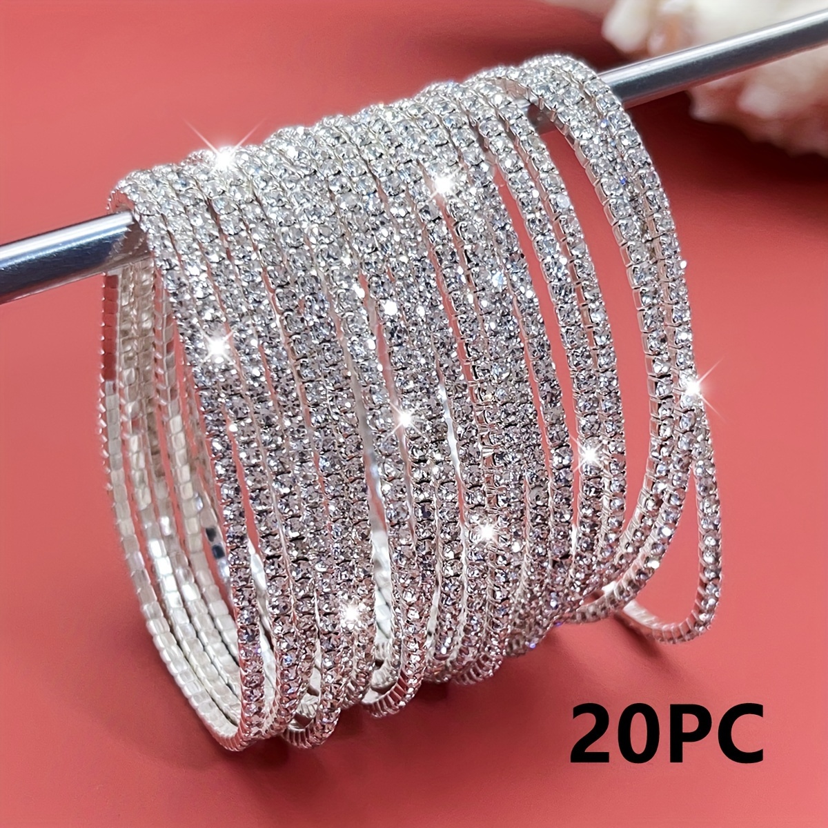 Image of 6/10/20/40/48/50/60pcs Ultra-thin 2mm Rhinestone Women's Stretch Bracelet, Shiny Stackable Tennis Women's Fashion Bracelet