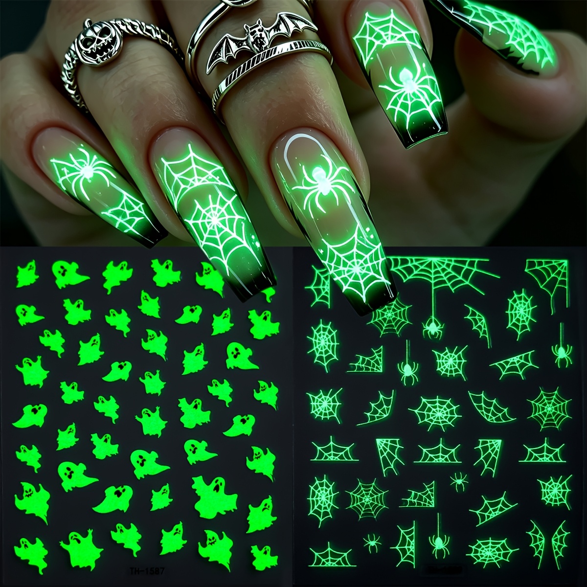 Image of 2pcs Luminous Halloween Nail Stickers, And Spiderwebs Cartoon Self-adhesive Nail Decals, Perfect For Women's Halloween Parties And Cosplay Diy Nail Art