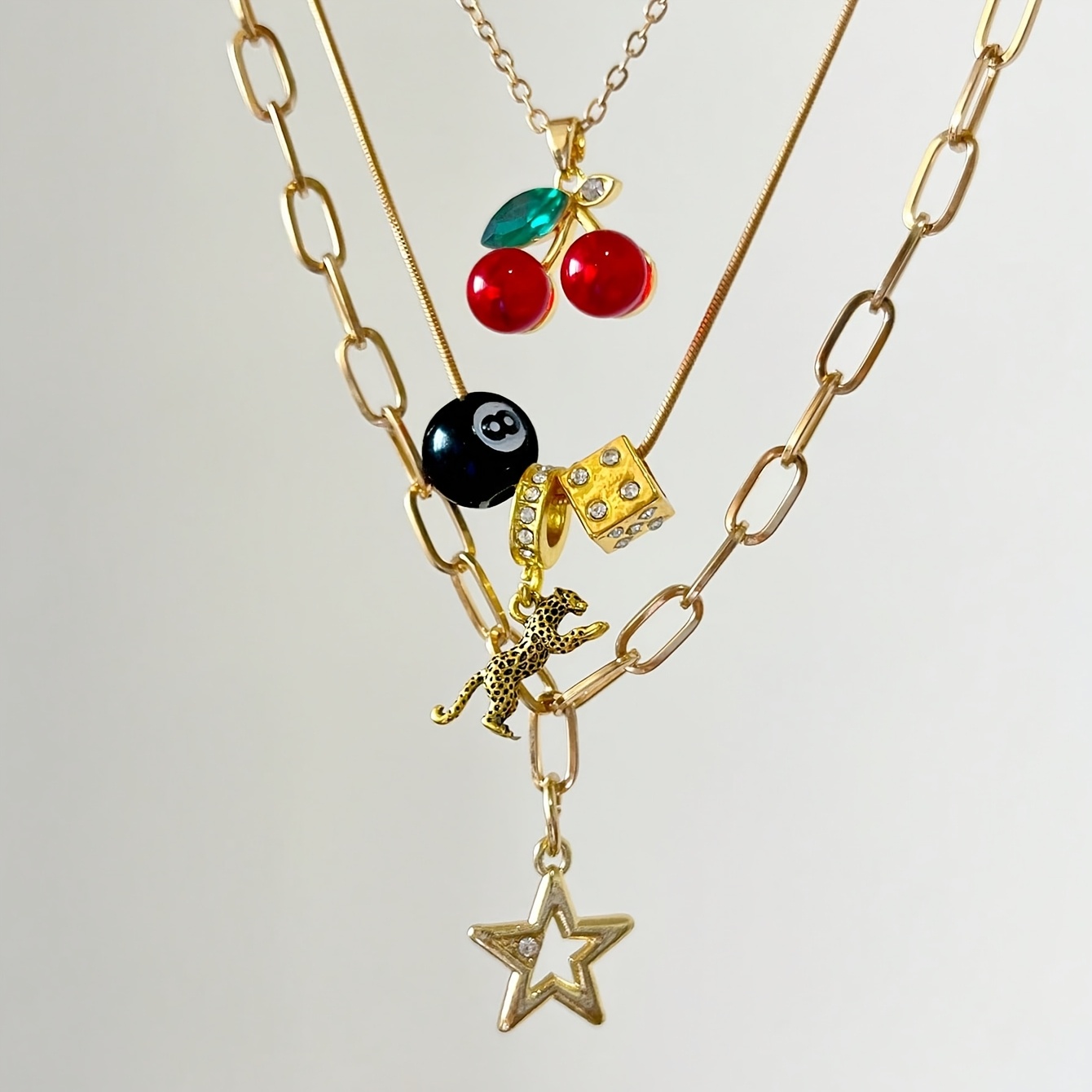 Image of 3pcs Leopard Print And Cherry Necklace Set, 8pcs Billiard Dice Pendant Necklaces, Necklace, Necklace, Classic Leopard Print Necklace