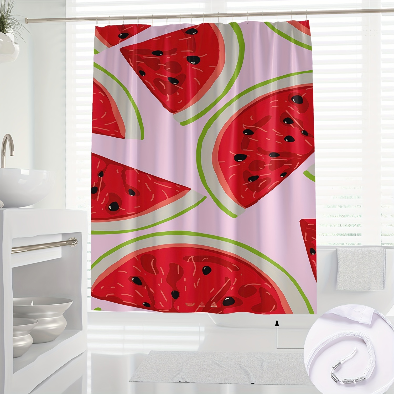 

Watermelon Design Shower Curtain, 1pc - Novelty Summer Fruit Print Bathroom Decor, Machine Washable, Knit Weave, Water-resistant Polyester, Includes Hooks, For All Seasons