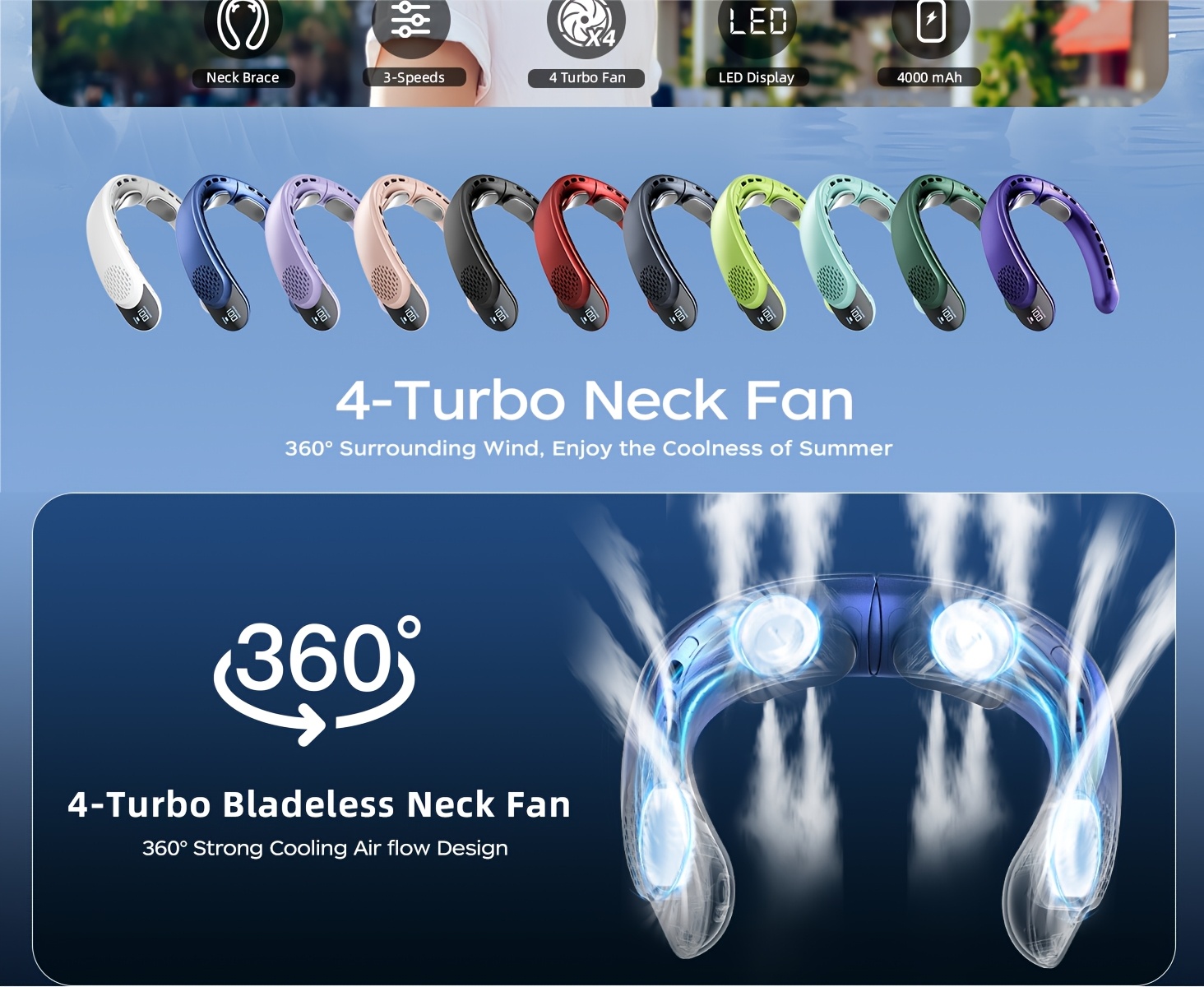 Advanced Wearable Neck Fan Pro - 360° Surround Cooling Technology, 3 Wind Modes (Natural/Turbo/Sleep), Real-Time LED Display for Battery & Speed, Ergonomic Flexible Neckband, No-Blade Safe Design, Perfect for Travel & Daily Use.