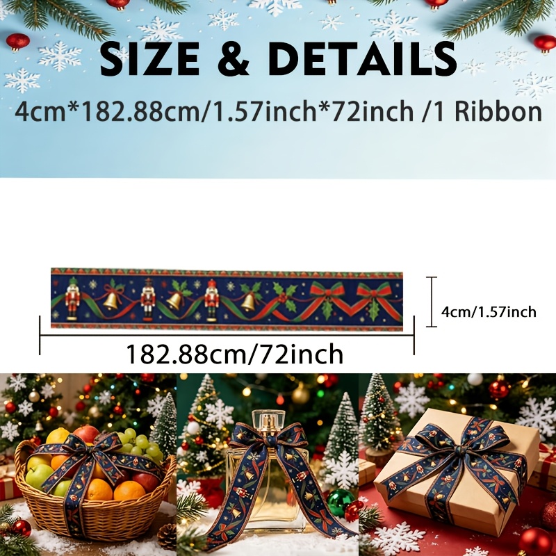 Image of "bows & Ribbons" Navy Base Nutcracker Print Ribbed Ribbon - Suitable For Hair Additions, Gift Wrapping, Fruit Blue Decor And Bouquet 182.88cm/72inch Ribbon, Used For Handmade Crafts, Bow Making