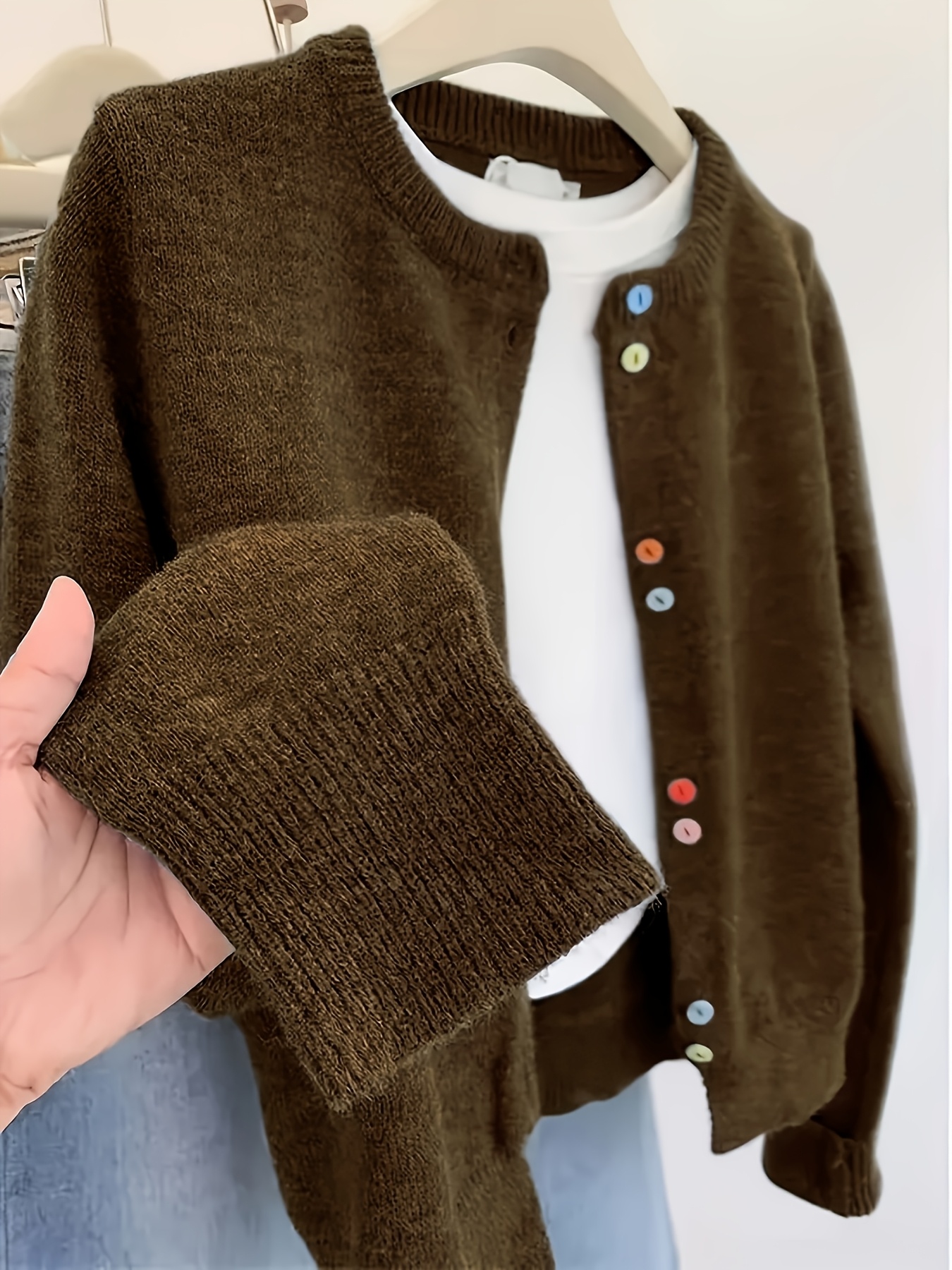 womens grey sweater cardigan soft round neck button front Temu