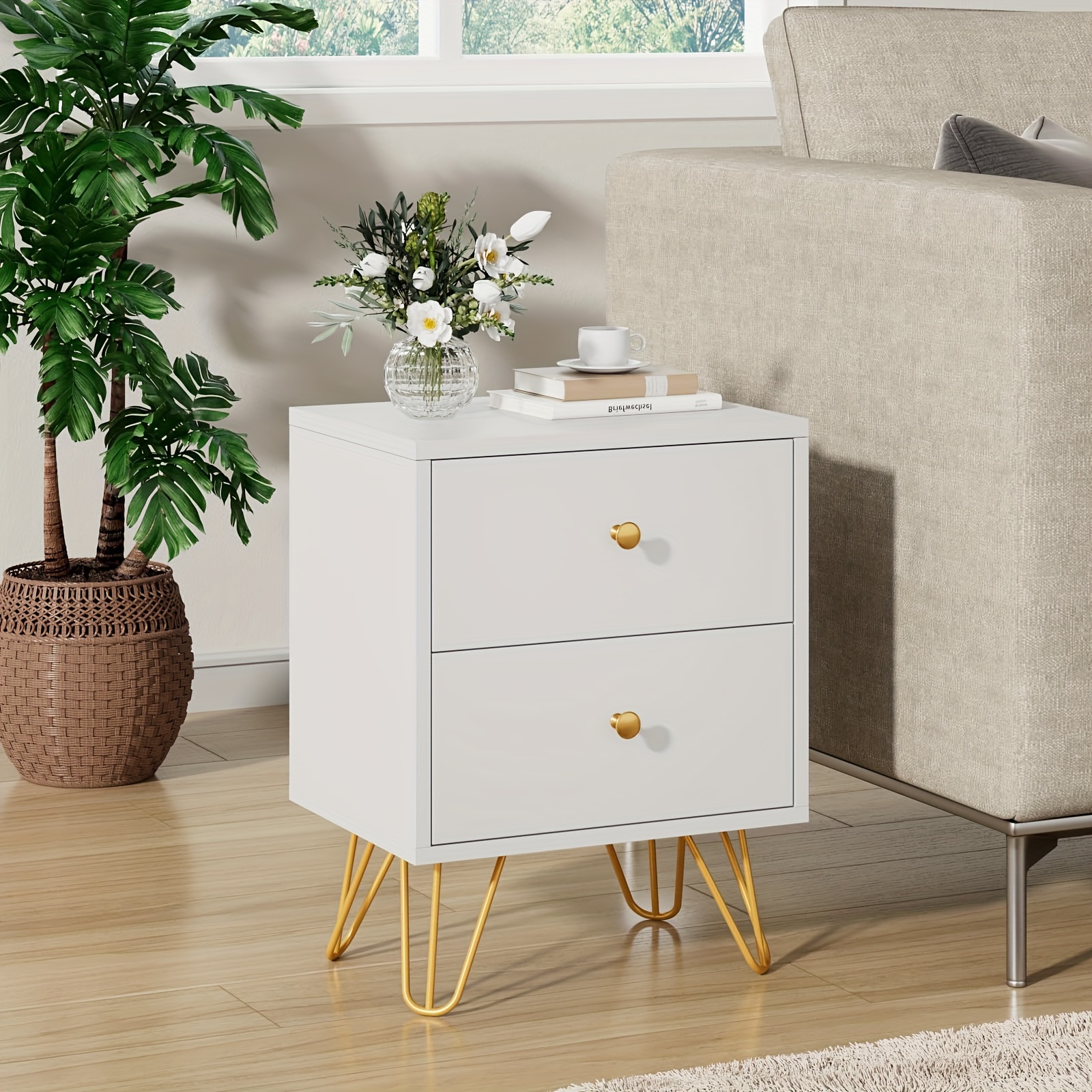 

Carpetnal Nightstand, End Side Table, Bedside Table With 2 Drawers Night Stand Metal Legs And Knobs For Bedroom Living Room