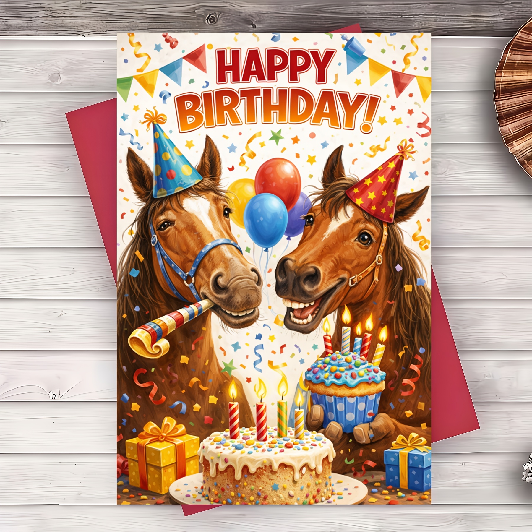 TEMU 1pc-with An -fun Horse Birthday Card, "happy Birthday!" Horse Greeting Card With Party Hat And Horn, Farm Animal Themed Birthday Gift Card