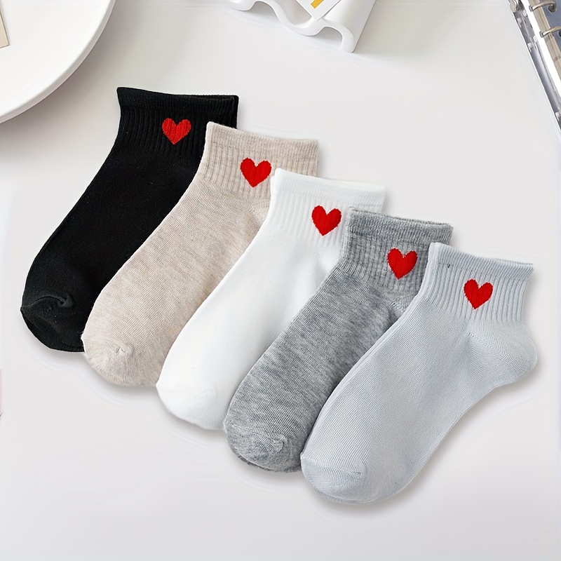

2/5/10 Pairs Heart Print Short Socks, Casual & Cute Comfy Ankle Socks, Valentine's Day Women's Stockings & Hosiery
