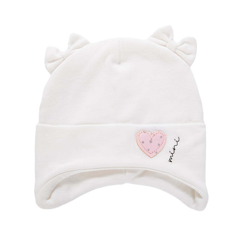 Image of 1pc, Design Baby Adorable Bow Ear Shape Pullover Hat, Embroidered Alphabet Small Heart Valentine's Day Infant Head Cover, Comfortable Soft Ear Protection Hat For Spring And Autumn Daily Wear