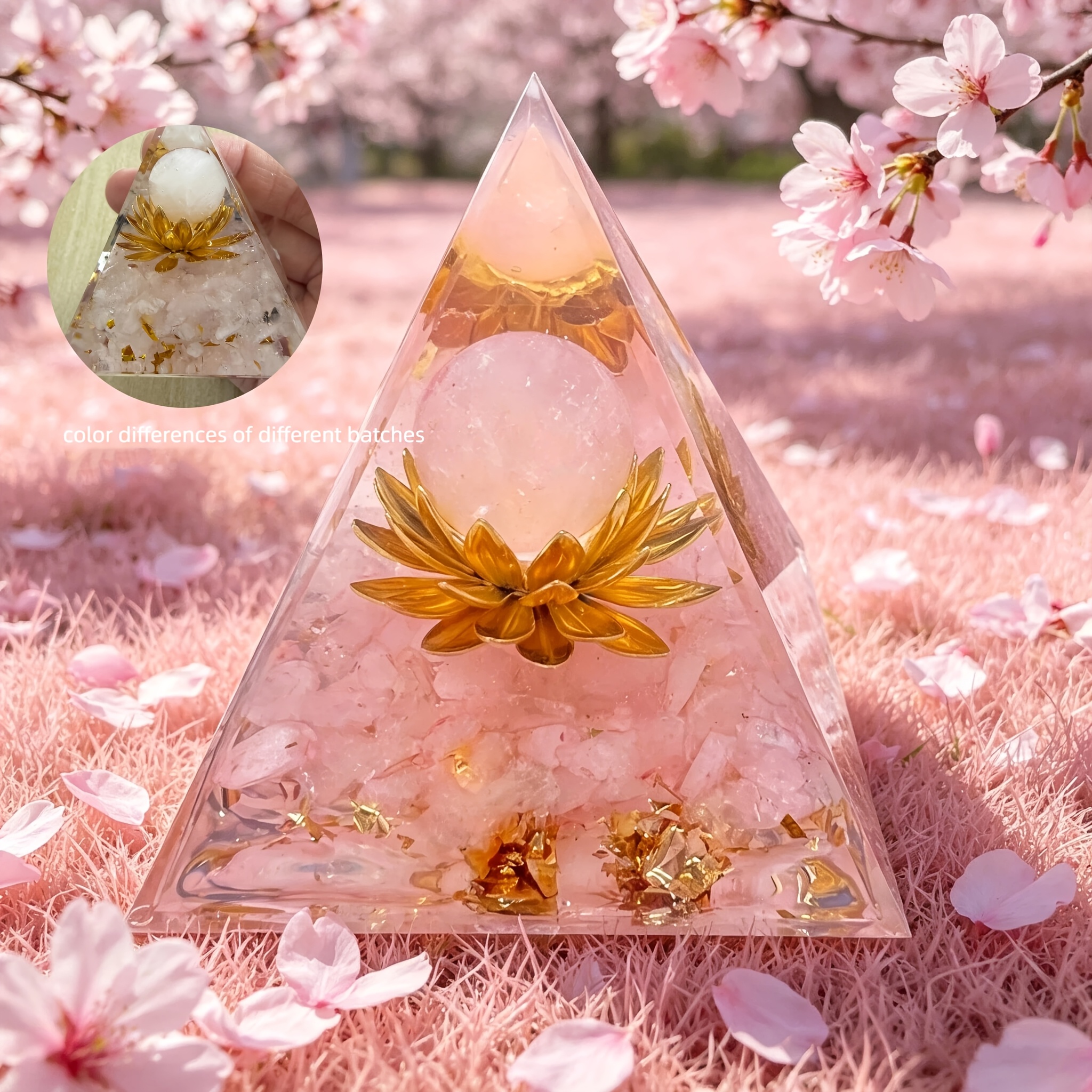 1pc Natural Crystal Rose Quartz Chip Sphere Ball Golden Lotus Resin Orgone Pyramid