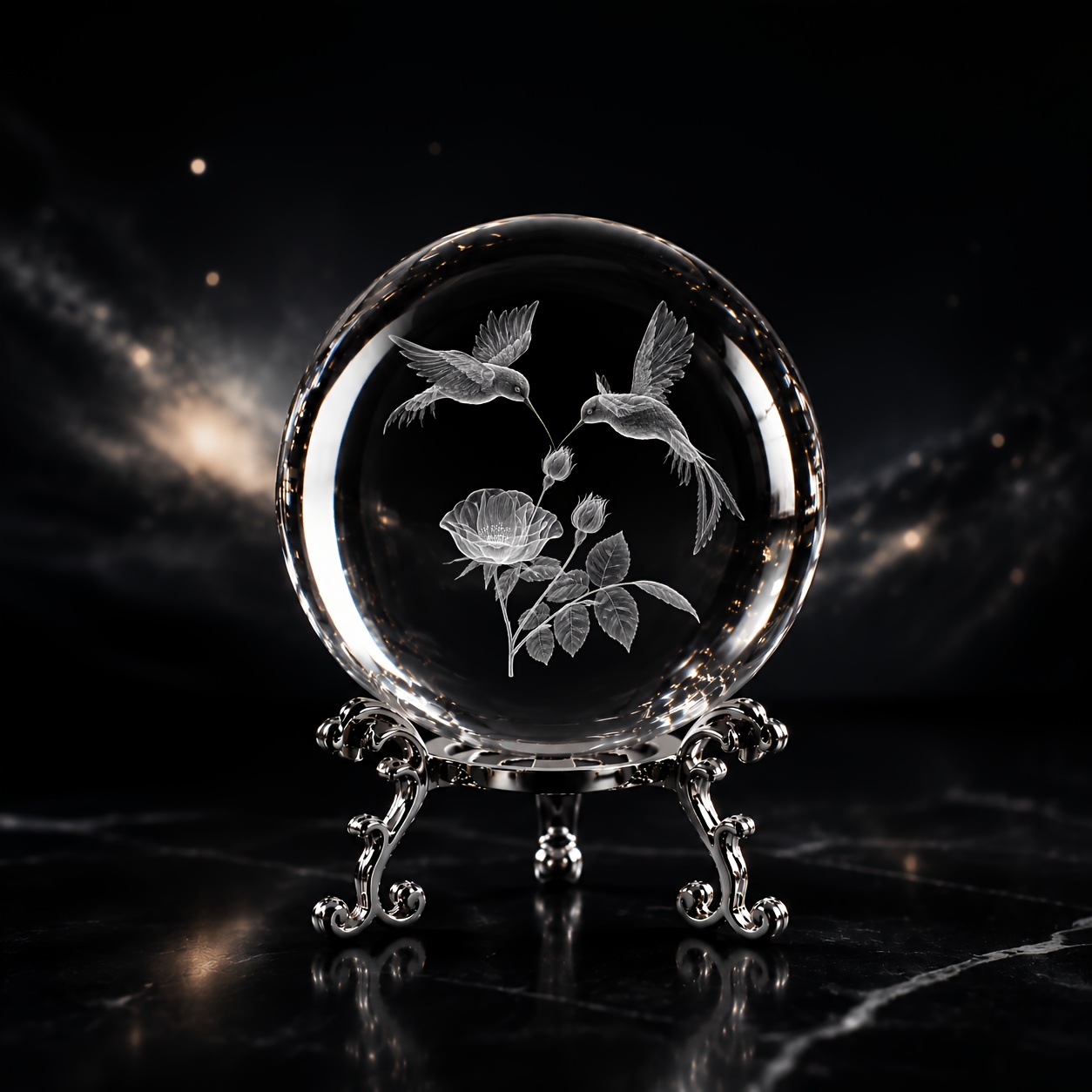 TEMU Elegant Hummingbird And Laser Crystal Ball, With A Silvery Base, High- Spherical Design, Suitable For Desktop Display, Is A High-end Gift For