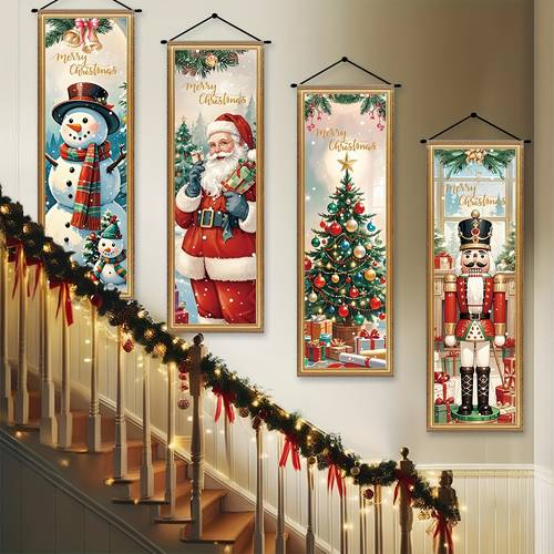 item picture 2d flat 4pcs retro christmas banner with santa claus snowman reindeer decorations 2d flat suitable for home party no electricity required holiday decorations for festive decoration with merry christmas text 2d flatfor christmas