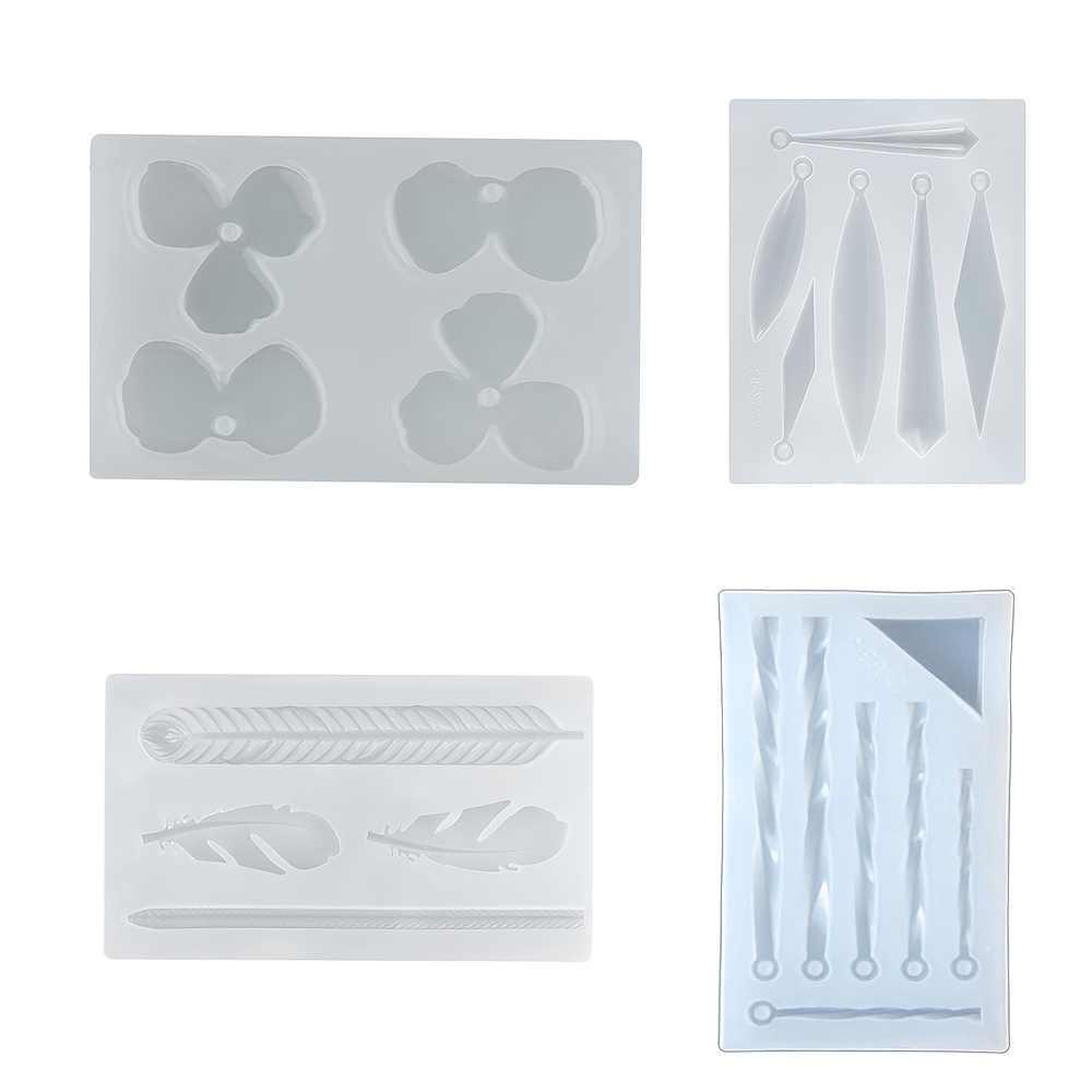4pcs Set: Flower Long Strip Threaded Earring Pendant, Epoxy Resin Mold, Leaf Feather Handmade Ring Silicone Mold Set, Resin Liquid Mold Set