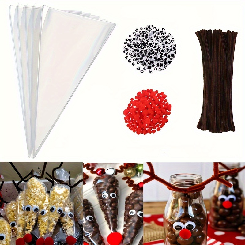 

400-pack Christmas Reindeer Treat Bags With Antlers, Plastic Cone Gift Bags For Party Supplies, No Electricity Needed