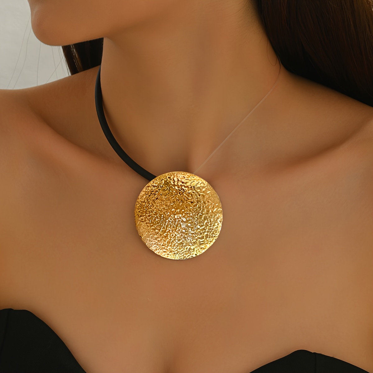 TEMU 1pc Hip-hop Style Geometric Pattern Large Round Pendant With Black Pu Cord And Transparent Invisible Thread, With An Asymmetrical Necklace, A