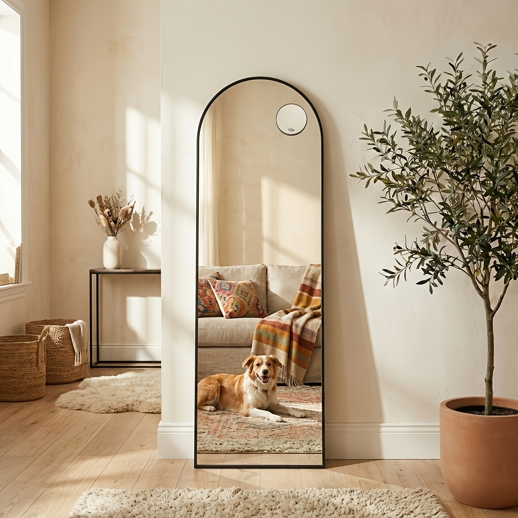 Wall-mounted Standing Mirror, Arched Full-length Standing Mirror With 10x Magnifying Mirror, Tempered Glass, 150 X 40 Cm, Golden