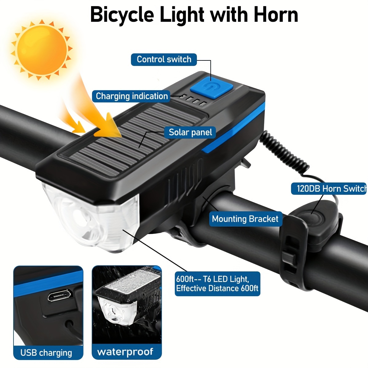 1pc Solar Powered Bicycle Horn Light With Power Indicator, T6 Bright LED Front Light, USB Rechargeable, High-Decibel Horn, Multiple Light Modes (350/200 Lumens)