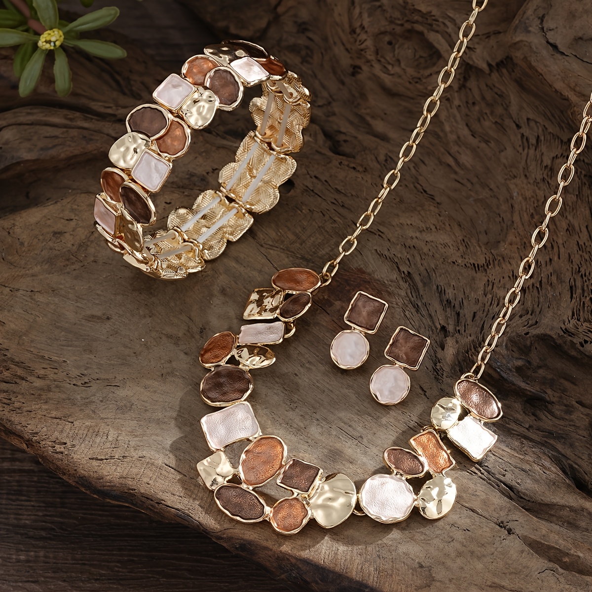 TEMU 3pcs Fashion Boho Enamel Khaki Geometric Jewelry Set For Women Additions Vintage Trendy Autumn Winter Necklace And Earrings Bracelet Sets Retro