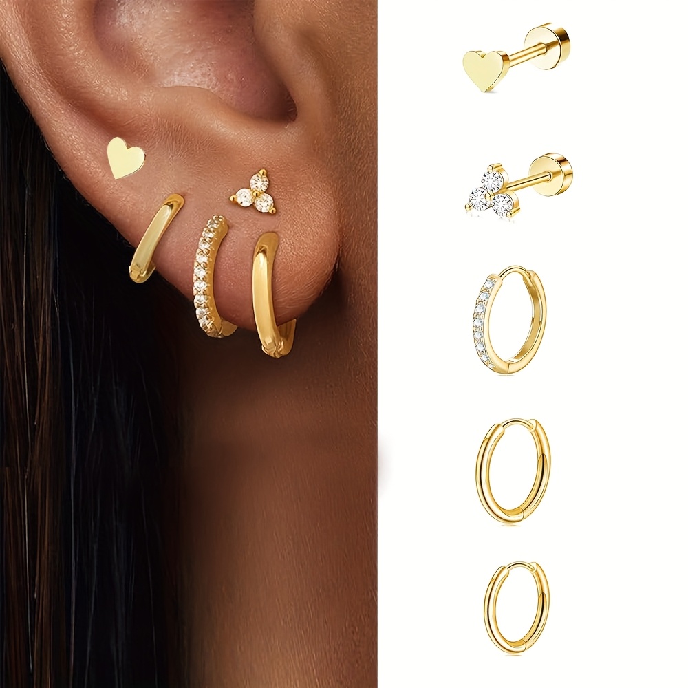 E-shop Mehrteiliges Damen-Edelstahl-Set für mehrere Piercings: Kleine Steckerohrringe, Creolen Ohrstulpen, modischer Ohrschmuck, Damenschmuck-Geschenk