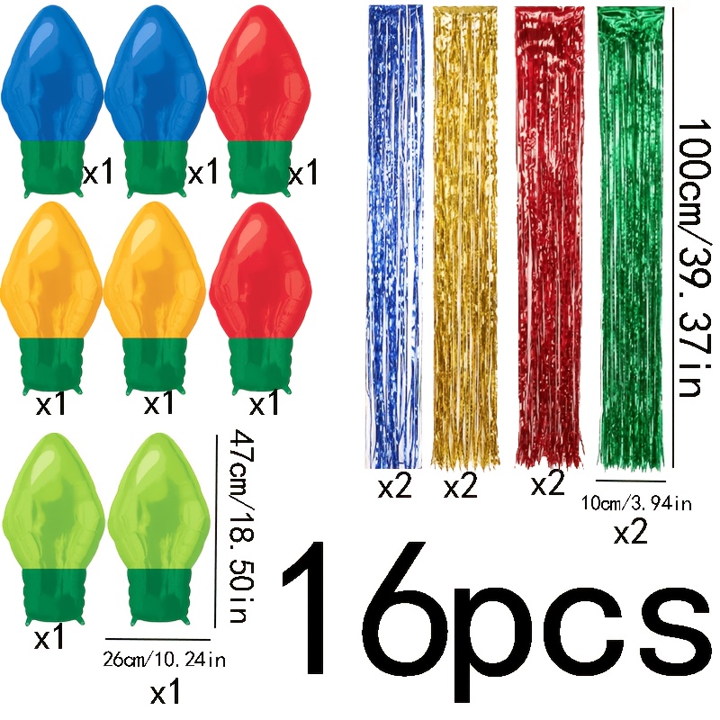 TEMU 16pcs Set -- Christmas Bulb-shaped Hanging Balloons, Christmas Red, Green, Golden, -shaped Balloons With Red, Blue Tassels, Christmas Tree