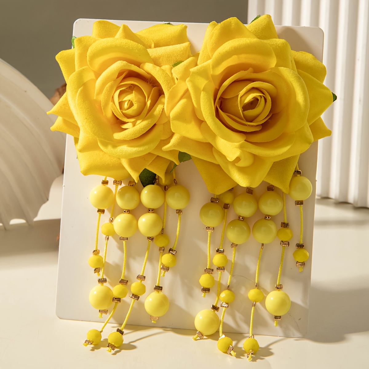 TEMU A Pair Of Elegant Faux Rose Flower Drop Earrings With Round Tassel Pendants, Women' Outfits And Parties, Making An Ideal Gift For And Summer