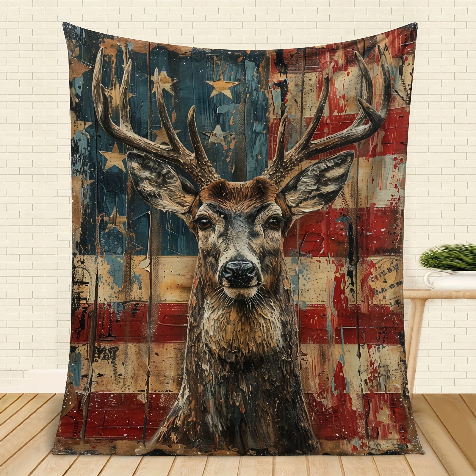 

[] Rustic Deer Head Fleece Blanket - Cozy, Soft Throw With American For Home, Office, Travel & Camping | Machine Washable, Polyester