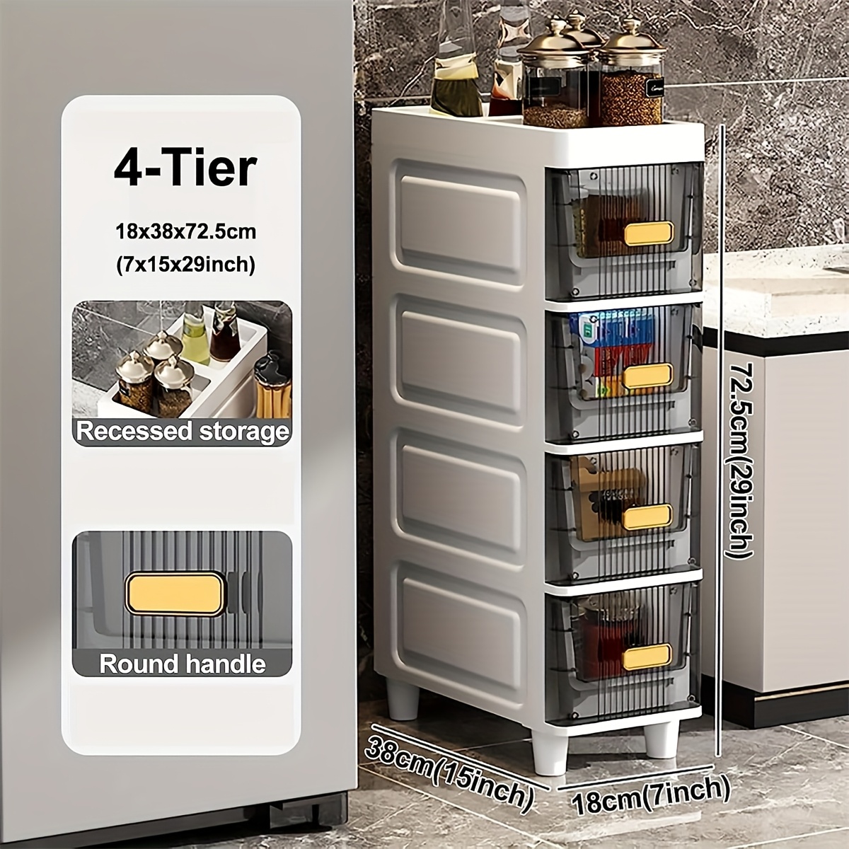 TEMU 5/4 Tier- Drawer Slim Storage Cabinet - Waterproof Plastic Organizer For Kitchen, Bathroom & Living Room, Multifunctional Home Decor, Kitchen