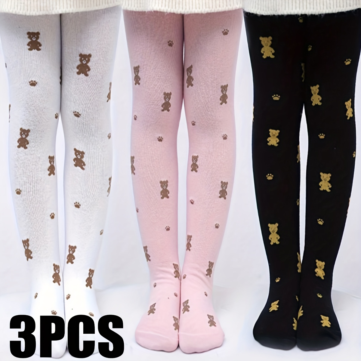 E-shop 3er-Pack Mädchen Strumpfhose, Reine Weiße Dünne Bär Cartoon Strumpfhose, Tanzsocken