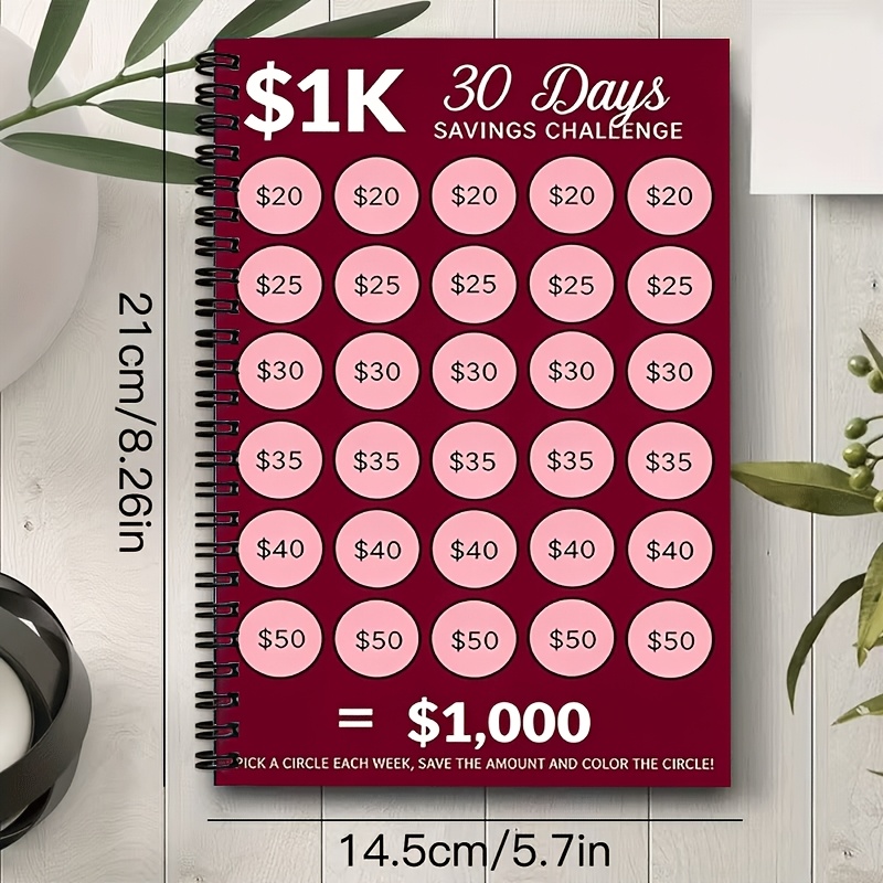 TEMU 1pc [2d] Flat Personal Organizer, 30-day $1000 Savings Challenge A5 Spiral Coil Notebook, Weekly Ring-bound Savings Coloring, Suitable For Daily