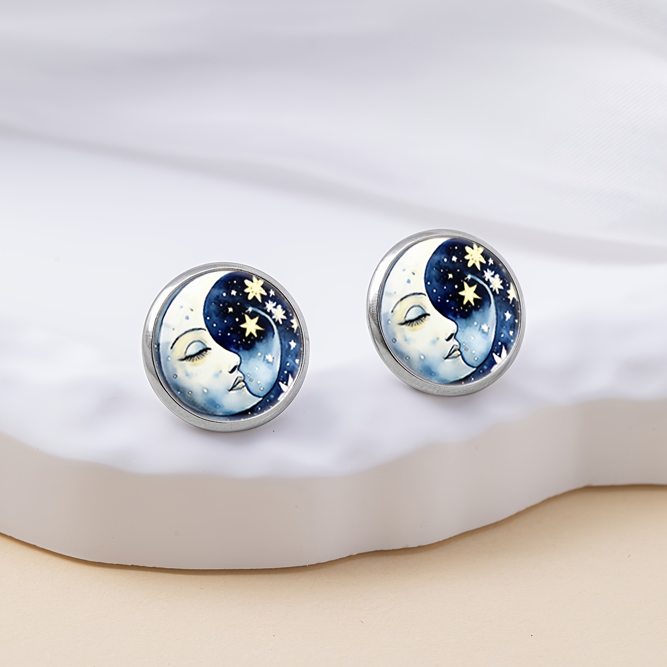 Dreamy Moon Face and Star Pattern Stud Earrings