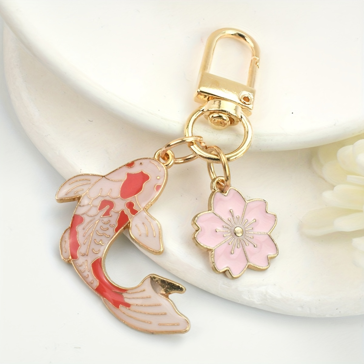 

1pc, Enamel Koi & Blossom Keychain, Metal & , , Unisex Fashionable Pendant, For Christmas, 's Keyring