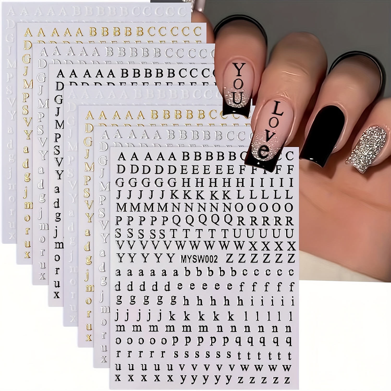 

8 Sheets 3d Self-adhesive Alphabet Nail Stickers, Black White Golden Silvery Letter Decals, Glittery Irregular Shape For Diy Nail Art, Plastic Nail Charms For Acrylic Nail Design Decorations