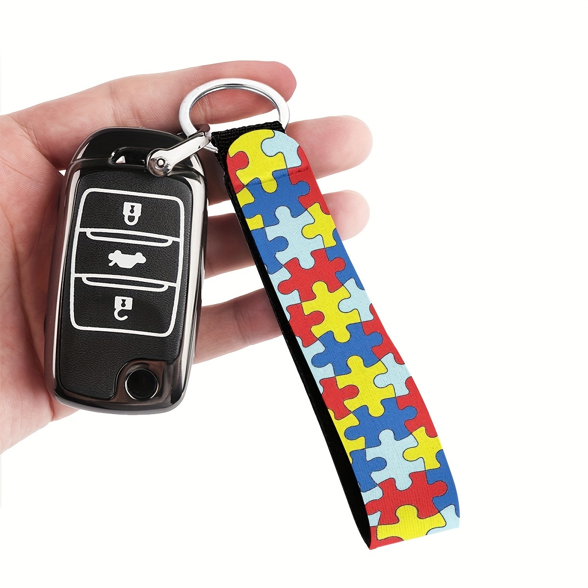 Image of Autism Awareness Ribbon Keychain - Vibrant Mixed Colors, Durable Fabric, Closure, Accessory, Ideal Gift