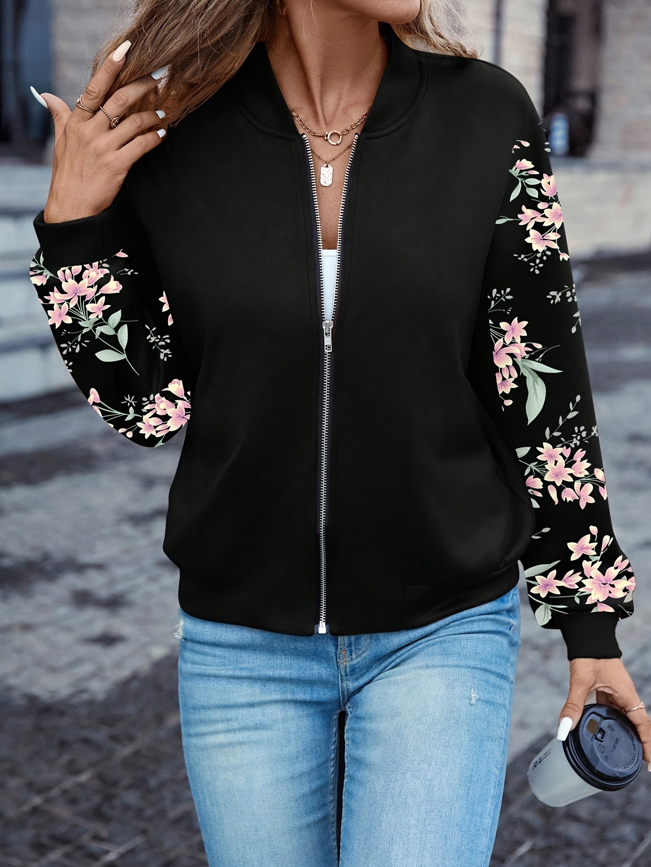floral print zip up jacket elegant long sleeve baseball collar jacket for   womens clothing details 4