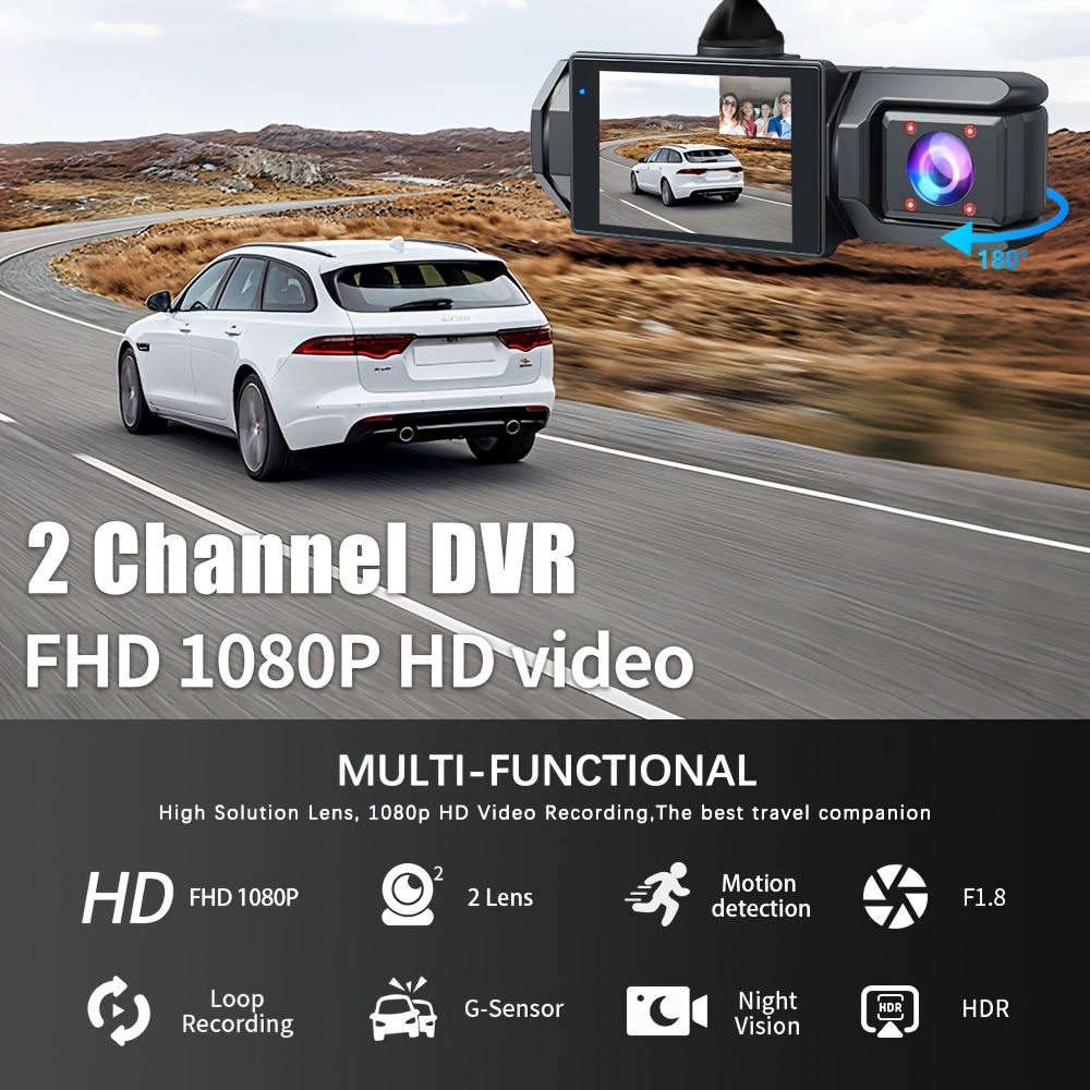 1080P HD Front And Cabin Dual-Camera Dash Cam, Equipped with 2-Inch IPS Screen, 170° Front Wide Angle And 140° Rear Wide Angle, ADAS Driving Assistance, G-Sensor, Loop Recording, Night Vision, 24-Hour Parking Mode - Sd Card Not Included