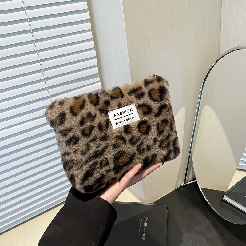 Plush Retro Leopard Print Cosmetic Bag Wash Bag Women Travel Cosmetic Pouch Beauty Storage Cases Clutches